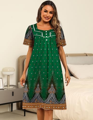 Image of Ekouaer Women's House Dress with Pocket Button Mumus | Short Sleeve Nightgown, Floral Print Mumu Dresses, Square Casual Sleepwear, Boho Roomy Housecoat, Plus Size Soft Sleepwear
