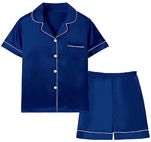 Image of Schbbbta Girls & Women Satin Pajamas Set, 2Piece Silk Nightwear Button-Down Sleepwear for Teen Kids, 3 Years - Women XXL