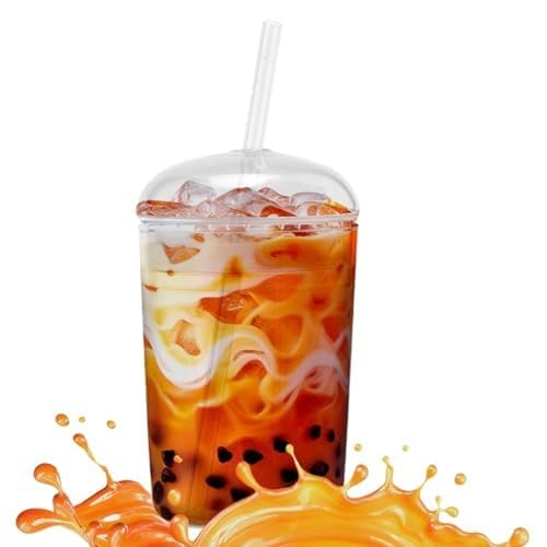 Maplefield Glass Tumbler with Dome Lid, 16oz - Reusable Iced Coffee Cup with Straw - Spill-Resistant Drinking Cup for Frappes & Smoothies - Dishwasher Safe [Clear]