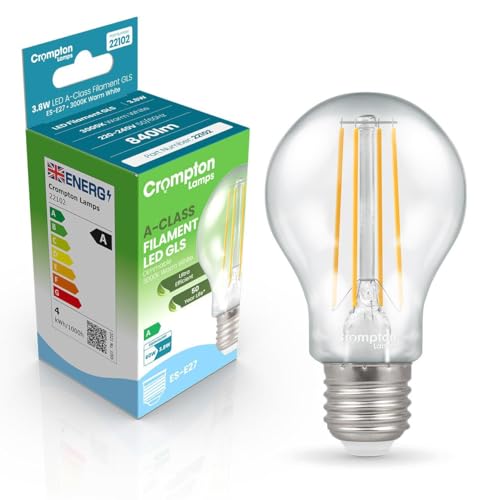 Crompton Lamps LED Ultra-Efficient GLS 3.8W ES-E27 Dimmable A-Class (60W Equivalent) 3000K Warm White Clear 860lm ES Screw E27 Energy Efficient Filament A-Rated Light Bulb