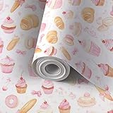 Peel and Stick Wallpaper Self Adhesive Wall Mural Cute Pink Watercolor Bakery Cupcakes Croissants Donuts Contact Paper Renter Friendly Wallpaper for Kitchen Nursery Bedroom 17.7'x118'