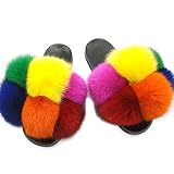 DAYISS Womens Real Fox Fur Ball Slides Flip Flop Fluffy Slippers Fuzzy Sandals Furry Slide for Women