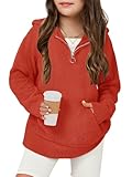 Haloumoning Girls Fuzzy Hoodies Kids Sherpa Quarter Zip Hooded Sweatshirts with Pocket 5-14 Years Red