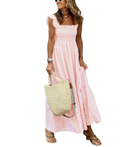 Image of Ladies' Sleeveless Gingham Maxi Dress,Features a Square Neck and Smocked Bodice, Perfect for a Stylish and Breezy Look in Warm Seasons (Orange Pink,XL)