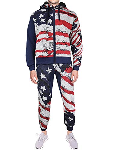 LAVISH SOCIETY Men's Athletic Sport US Flag Tracksuit Zip Up Hoodie Jacket Pants Set (Large)