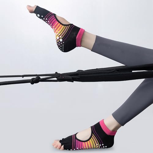 Womens Pilates Yoga Toe Socks with Grips Non Slip Cushioned Crew Socks Mid Calf for Barre Ballet
