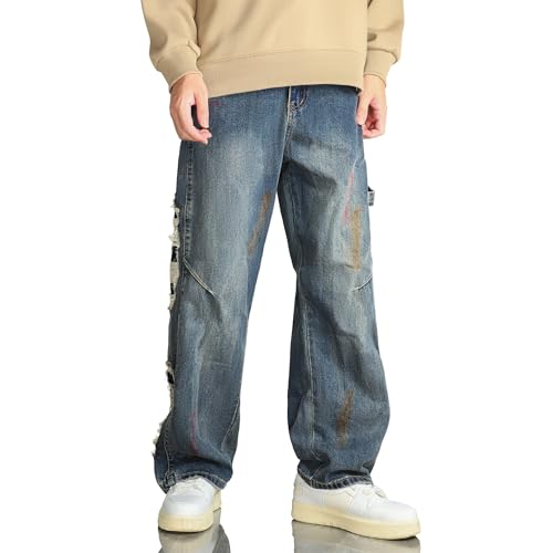 Barrel Baggy Jeans for Men y2k Mens Jeans Relaxed Fit Hip Hop High Waisted Long Trousers Loose Wide Leg Denim Pants