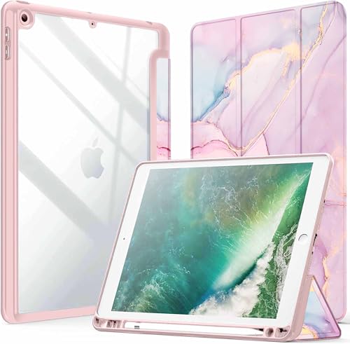 Image of ProElite Smart Flip Case Cover for Apple iPad 9.7 inch 2018 /2017 5th 6th Generation, Clear Soft Back with Pencil Holder, Marble Pink