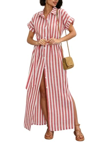 utcoco Women's 2025 Striped Short Sleeve Cotton Maxi Shirt Dress Belted Side Slit Button Down Dress with Pockets