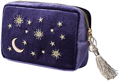 VECANCE Makeup Bag Navy Velvet Embroidered Applique Moon Stars Sun Cosmetic Bag, Make Up Clutch Handbag Pouch with Tassels & Pearl Zipper