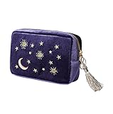VECANCE Makeup Bag Navy Velvet Embroidered Applique Moon Stars Sun Cosmetic Bag, Make Up Clutch Hand