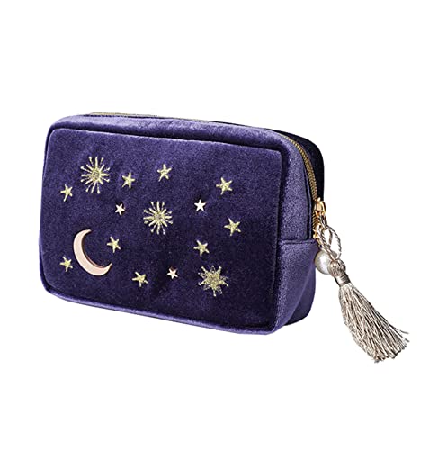 Vecance Makeup Bag Navy Velvet Embroidered Applique Moon Stars Sun Cosmetic Bag, Make Up Clutch Handbag Pouch With Tassels & Pearl Zipper #TOP1
