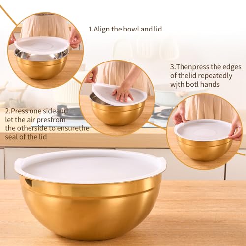 Onlycooker Gold Mixing Bowls With Airtight Lids,Stainless Steel Bowl,Salad Bowls 7 Piece Colorful Nesting Bowl Gold Kitchen Accessories,Size 7,3.6,2.7,2.1,1.5,1.1,0.8QT Stackable Design by Onlycooker - Used condition - Image 3