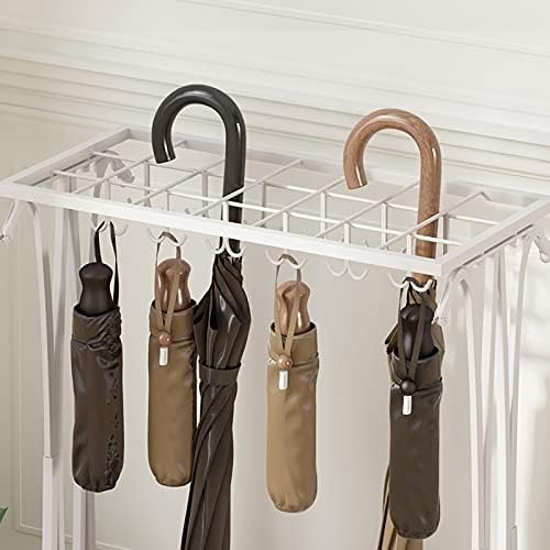 AcornFort U-23 Extra LARGE White Metal 21 Holes Rectangle Style Umbrella Stand Walking Stick Holder With 24 Hooks and a Free Bottom Rainwater Leaking Tray 70 * 50 * 24 CM