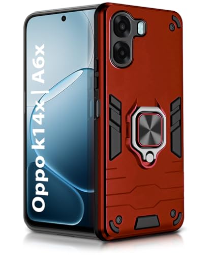 Image of WOW IMAGINE Shock Proof Back Case Mobile Cover for Oppo K14x 5G | Oppo A6x | A6s 5G | Back Cover Case (Tough Armor | Hybrid PC + TPU | Ring Holder & in-Built Kickstand | Red)