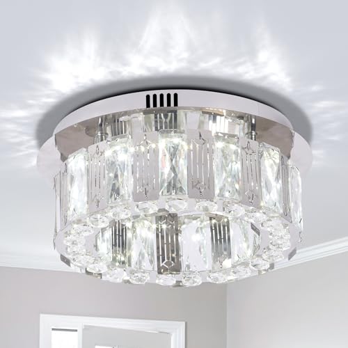 Image of xychfantligh 11.8" Crystal Round Chandelier LED Modern Ceiling Light Crystal Flush Mount Chandeliers for Bedroom Kitchen Hallway Dining Room (Cool White)