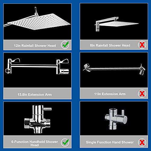 Rain Shower Head With Handheld, Square Shower Head Combo,12 Inch High-Pressure Rainfall Shower Head With 13.5" Extension Arm, 6-Setting Handheld Showerhead With Hose & Holder (12") #TOP5