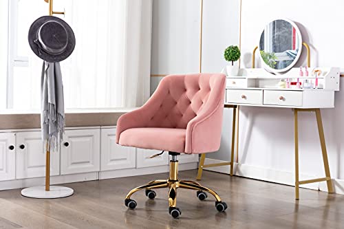 Zobido Comfy Home Office Task Chair With Wheels, Cute Modern Upholstered Velvet Seashell Back Adjustable Swivel Vanity Desk Chair, For Women, For Kids, For Girls, Living Room, Bedroom,(Pink) #TOP5