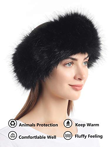 Faux Fur Headband with Elastic for Women's Winter Earwarmer Earmuff(One Size,Black)
