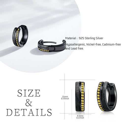 Black Hoop Earrings for Men Women 925 Sterling Silver 15mm Huggie Earrings Birthday Gifts for Dad Husband3