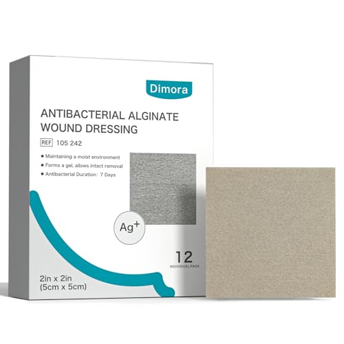 Dimora Upgrade Silver Calcium Alginate Wound Dressing -Antibacterial Non Stick Gauze for Wounds Care, Highly Absorbent Sterile Bandage Pads with Ag, 2'' x 2'' Patches 12 Packs Individual