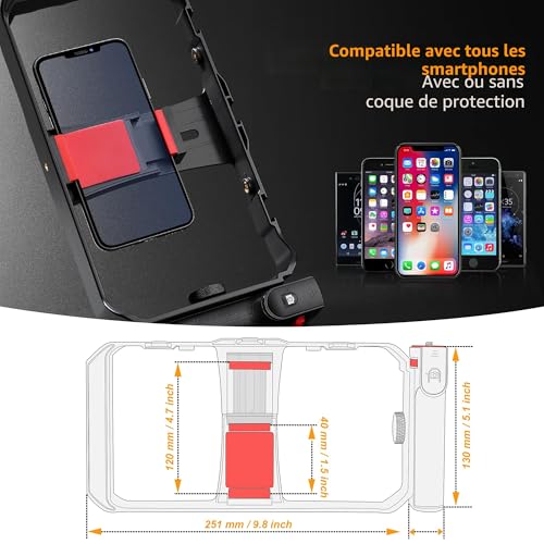 Zeadio Kit de Stabilisateur de Caméra Smartphone, Support Vidéo Portable Main avec Éclairage Vidéo RVB et Microphone, Compatible avec Tous Les Smartphones Caméra Caméscopes Caméras d'action etc – vue 8