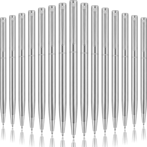 Zonon 15 Pcs Silver Metal Slim Ballpoint Pens Bulk Retractable Metallic Black Ink 1 mm Medium Point Smooth Writing Pens for Wedding Business Office Supplies Students Teachers Men Women Present