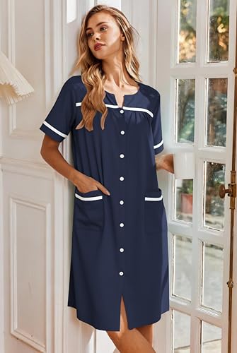 Image of Ekouaer Nightgowns for Women House Dress with Pockets Button Down Sleepshirt Short Sleeve Nightshirt Housecoat