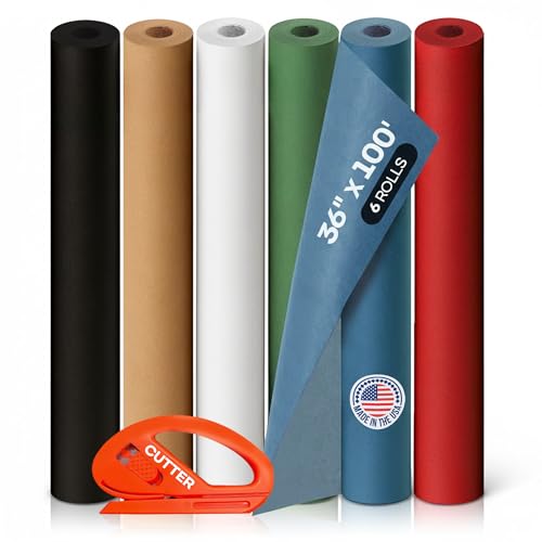 Image of Assorted Colors Kraft Paper with Cutter, Set of 6 Rolls 36 inch x 1200 inch(100 ft) | USA-Made Natural Multi-Color Paper for Gift Wrapping, Kids' Arts & Crafts, School & DIY Projects by IDL Packaging