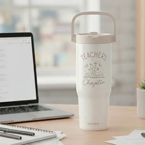 SANDJEST Teacher Stainless Steel Straw Lid Tumbler 30oz with Carry Handle for Women Girls, Insulated Travel Coffee Cup, Gift for Sports Workout Christmas Birthday Teacher's Day