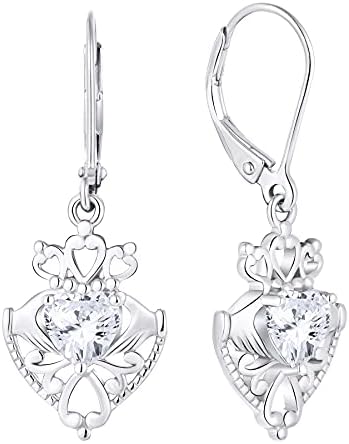 JO WISDOM Women Earrings,925 Sterling Silver Celtic Claddagh Heart Leverback Dangle & Drop Earrings with 3A 6 * 6MM Heart Zirconia