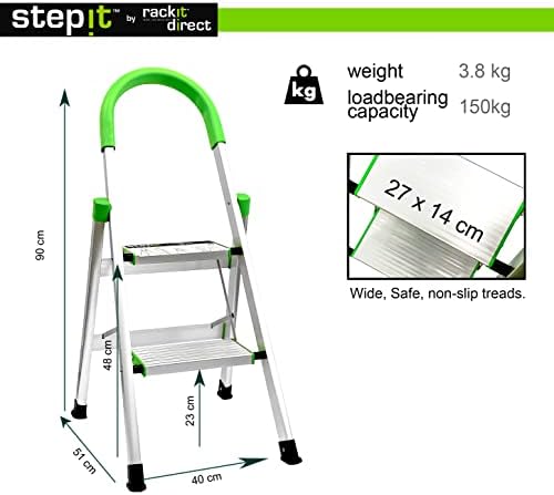 StepIt 2 Step Ladder - Portable Folding Aluminium Two Step Ladder with Deep Steps | 3 Year Warranty | Anti-Slip Soft Grip Step Ladders with Rubber Hand Grip | 150kg Capacity - Small Step Ladder