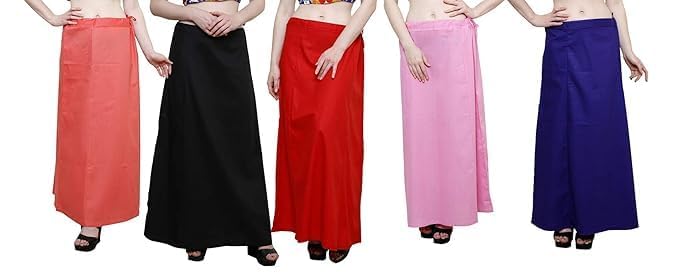 Image of Vlazom Women's Cotton Saree Petticoat - Pack of 5 Inskirts | Soft & Breathable Underskirts | Adjustable Drawstring Waist | Multicolor for Daily & Occasion Wear