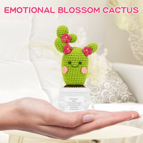 Image of Hoedia Handmade Emotional Pickle Gift, Emotional Cucumber Crochet Doll Inspirational Gifts with Cards, Cute Knitted Funny Support Pickle Potato Friend Birthday (Blossom Cactus)
