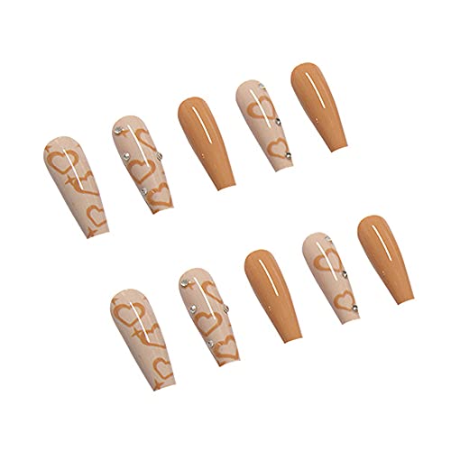 24 Pcs Press On Nails Extra Long Fake Nails Acrylic Brown Love Style Design Nude Full Cover False Nail Tips Adhesive Tape On Nails Nails For Women And Girls #TOP3