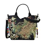 Yaosan Women's Canvas Shoulder Handbag Ethnic Large Capacity Bling Sequins Phoenix Embroidered Bohemian Travel Tote for Lady (Black)