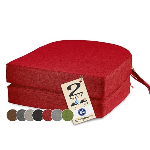sunnypillow 2er Set Stuhlkissen Outdoor, wasserdicht UV-lichtecht 40 x 40 x 7cm dick - Polsterauflage mit Bändern - Auflage für Stühle,Bänke - Sitzkissen Stuhlauflage für Haus und Garten - Rot