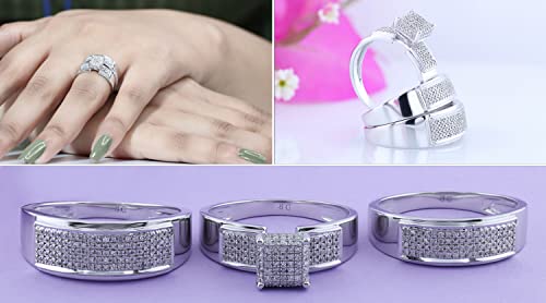 Dazzlingrock Collection 0.65 Carat (Ctw) Round White Diamond Square Cluster Wedding Trio Ring Set In 925 Sterling Silver, Women Size 6 & Men Size 9 #TOP16