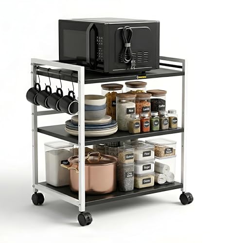 Image of Microwave Stand with Storage & Wheels | Heavy Duty 3-Tier Kitchen Rack for Oven, Appliances, Spices & Utensils | Multipurpose Rolling Trolley | Space Saving Organizer for Kitchen & Home