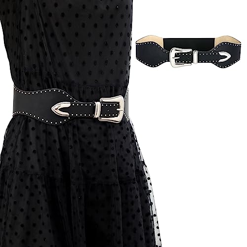 Women's Wide Stretchy Belts Chunky Belts Studded Western Elastic Belt for Women Cowboy Faux Leather Belt for Dresses