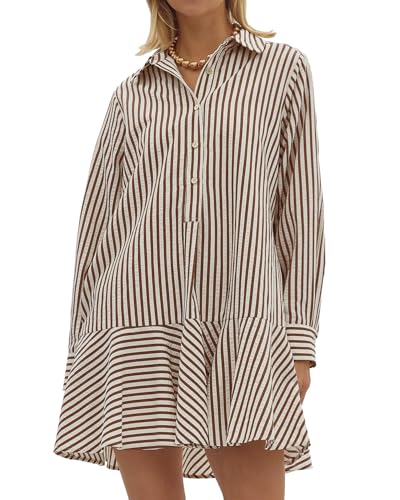 Image of YEXPINE Womens Striped Shirt Mini Dress Long Sleeve Collared Flowy Swing Ruffle Hem Button Up Tunic Dresses