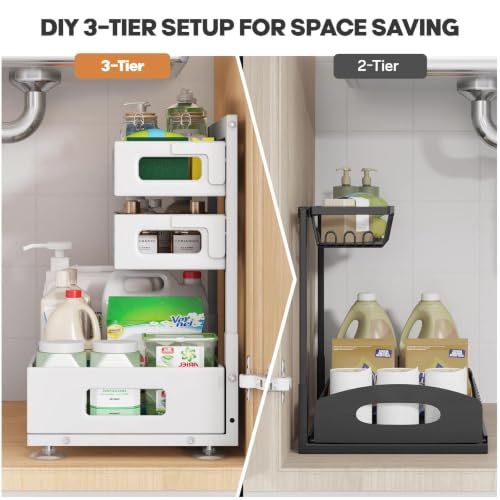 Image of 1 Pack Under Sink Organizer,Pull Out Cabinet Organizer With Smooth Cylindrical Rail,Metal Slide Out Drawer for Kitchen Bathroom Laundry Cabinet,8-Level Tool Free Height Adjustable-White
