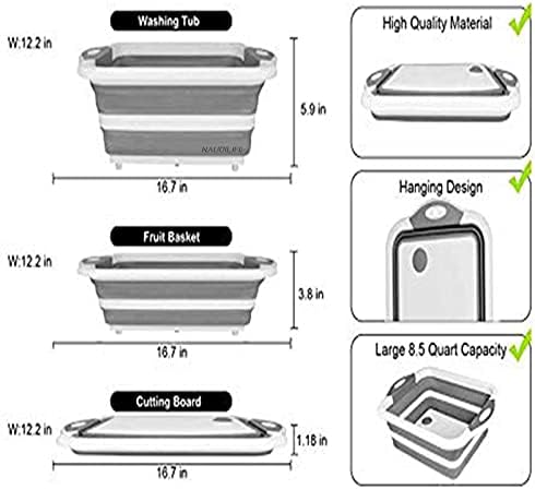 NAUDILIFE Collapsible Camping Chopping Board , with Folding Chopping Board,Multifunction Foldable Siliconewashing Basket, Used for Portable Campervan Accessories for Fruit Vegetable Picnic BBQ