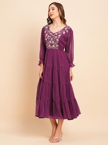 Image of RATAN Women's Floral Embroidered Puff Sleeve Chiffon Flared Tiered Kurta Gown Maxi Dress