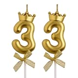AOOLADA 33rd Birthday Candles, Gold 33 Year Old Number Birthday Candles, Happy Birthday Cake Topper Gifts Party Decorations for Men Women
