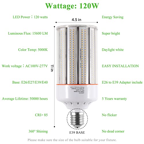 120Watt Led Corn Light Bulb,E39/E40 Mogul Base,5000K Daylight,110 To 277V,15600Lm,Cfl Hid 400W Metal Halide Replacement For Commercial/Industrial High Bay Lighting Gym,Parking Lot,Factories(2-Pack) #TOP1