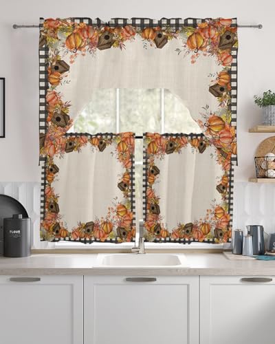 Thanksgiving Autumn Swag Kitchen Curtain Sets with Valance,3 Pieces Rod Pocket Curtain Drapes for Bedroom Living Room Bathroom Windows,Farmhouse Pumpkin Mushroom Leaves 56''x36'' & 24''x27.5''x2Panels
