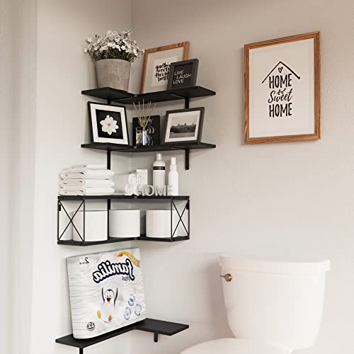 Richer House 5-Tier Corner Floating Shelves Set Of 5,Corner Black Shelves For Wall Decor, L-Shaped Corner Wall Mounted Shelf For Bedroom, Living Room, Bathroom, Kitchen - Black #TOP1