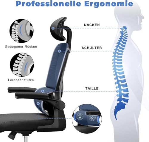 naspaluro Bürostuhl Ergonomischer, Schreibtischstuhl mit Hochklappbaren Armlehnen, Dynamischer Lordosenstütze, Höhenverstellbarer Bürostuhl mit 120° Wippfunktion, Upgrade Schwarz