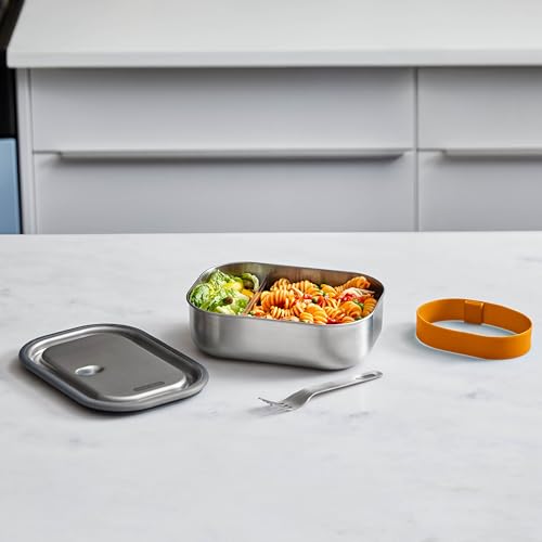 Lunchbox BLACK+BLUM Lebensmittelaufbewahrungsbehälter Gr B H L 15 cm x 65 cm x 20 cm orange (orange edelstahlfarben) Lunchboxen Lebensmittelaufbewahrungsbehälter mit Silikon-Ventil Gabel und Gurt 1000 ml